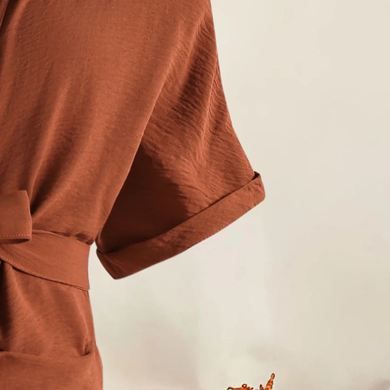 Girls 8-12 Casual Dress, Brown Lapel Short Sleeve Belted Ruched Bodycon Shirt Dress, Retro and Elegant for Daily Wear