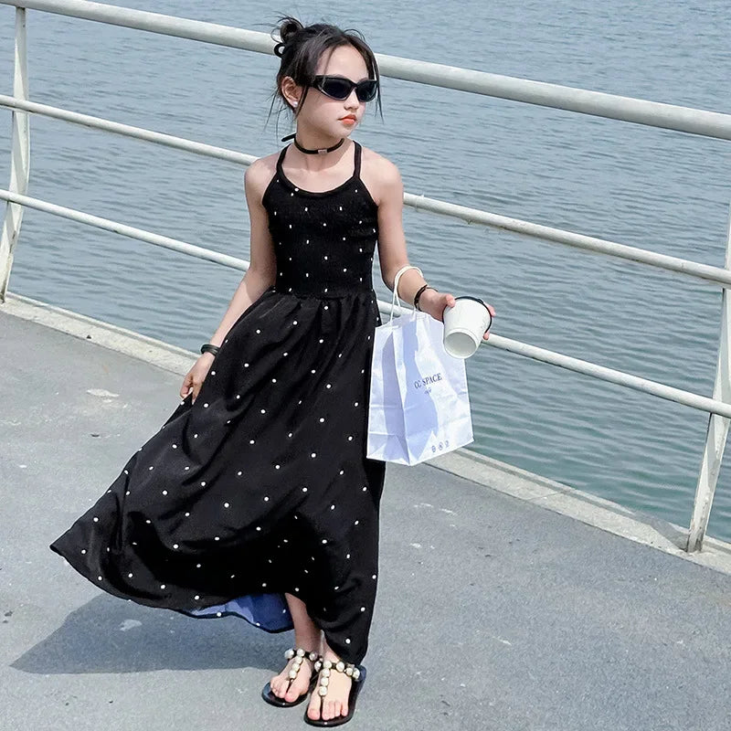 teenage girls dress design sense cross tie polka dot camisole princess dresses summer junior backless long skirt prom dresses 12