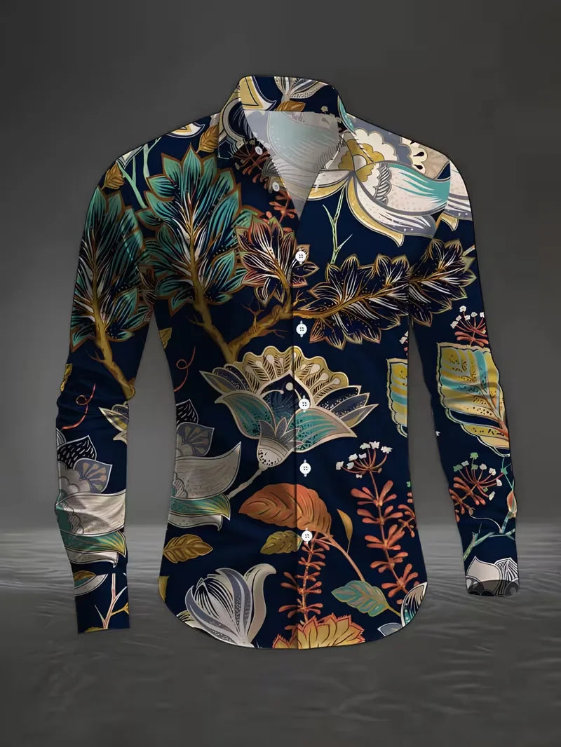 New men's floral shirt long sleeved casual shirt fashionable rose 3D butterfly print lapel slim fit Hawaiian shirt
