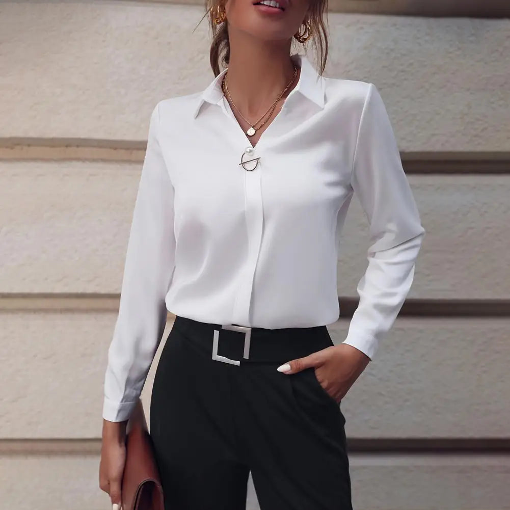 Summer Elegant Women's Blouse New V-neck Long Sleeve Solid Color Loose Shirt Casual White Tops Office Lady Blouses