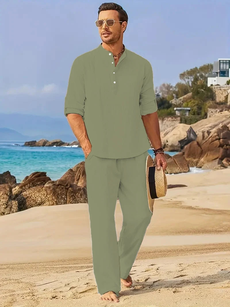 Men's White Linen Suit Set Long Sleeve Henley Shirt and Elastic Waist Pants Two Piece Outfit Summer Casual Comfortable