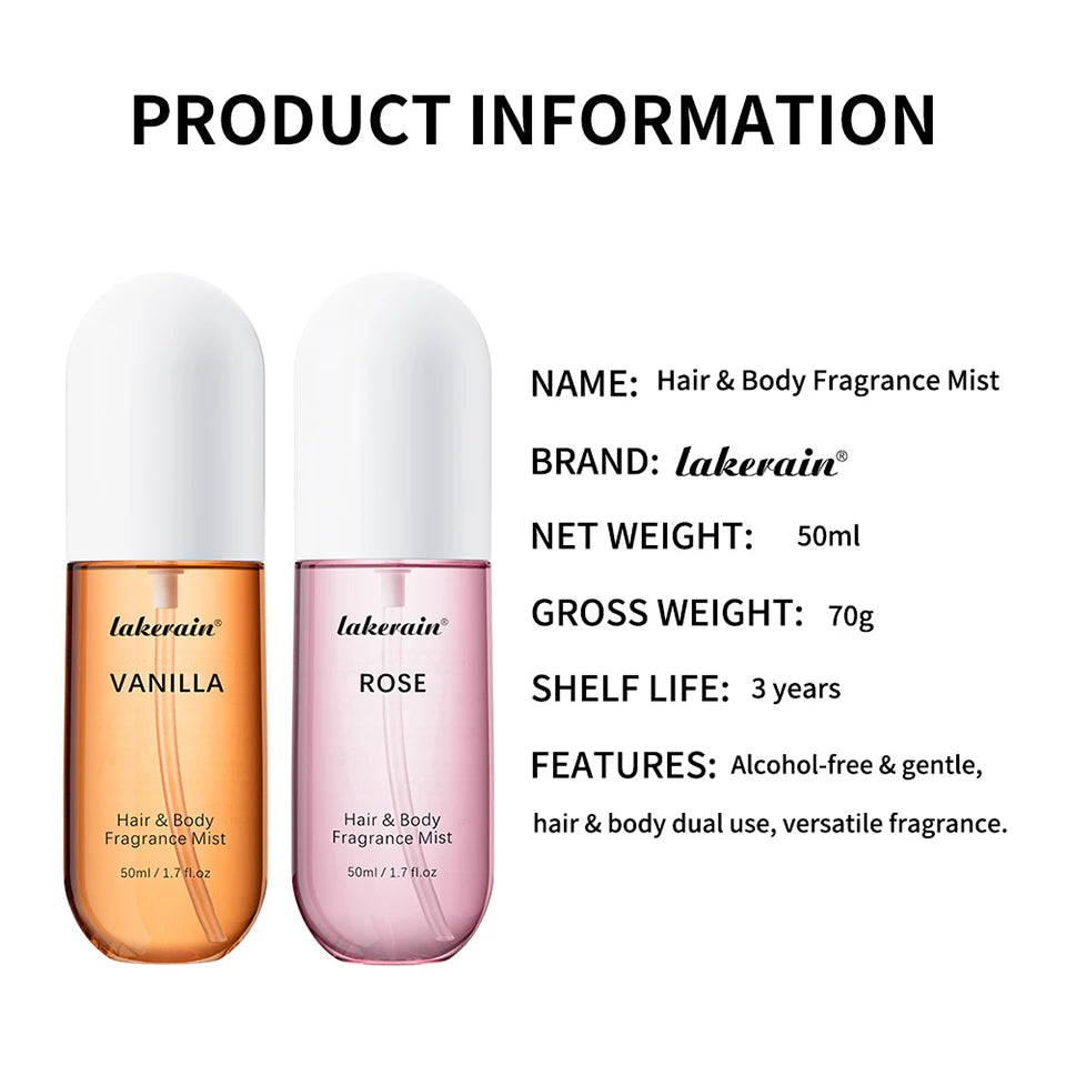 2 Pcs Vanilla Rose Fragrance Spray Hair & Body Fragrance Mist Fresh Long Lasting Fragrance Perfume Travel Size Freshener Spray