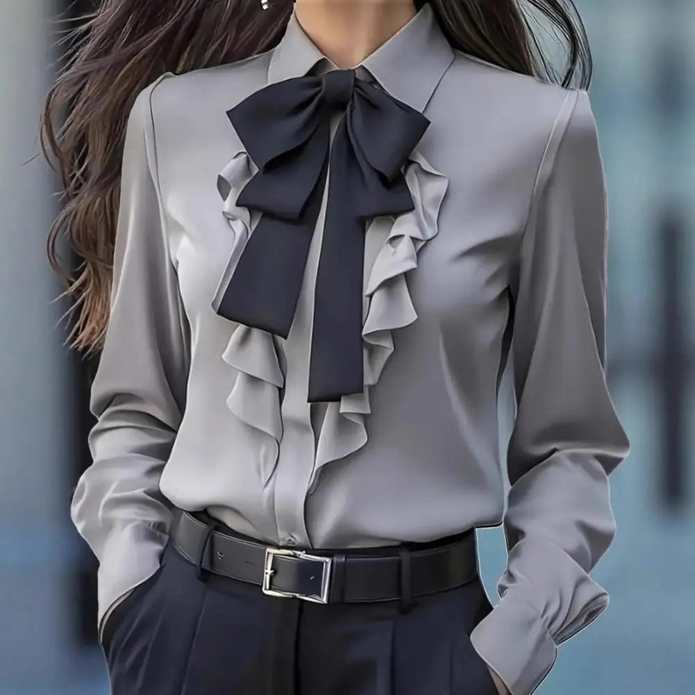 Women Shirts 2026 Spring Autumn Women Shirt Lapel Bow Ruffle Design Long Sleeve Shirt Tops Buttons Closure Shirt Blouses Tops