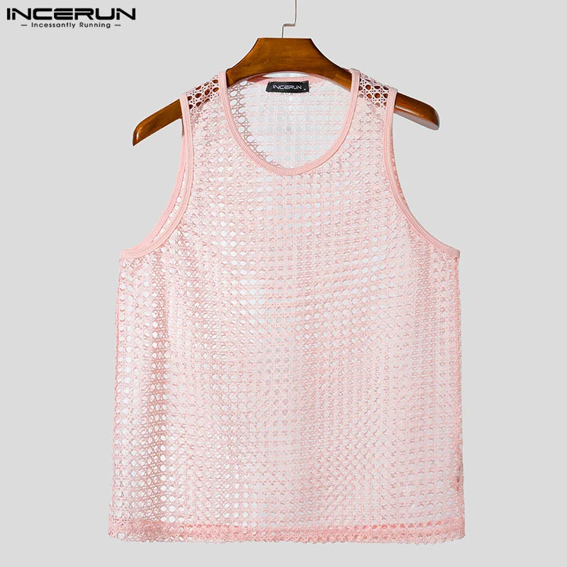 Summer Men Tank Tops Mesh Transparent O-neck Sleeveless Male Vests Sexy Vacation INCERUN 2025 Streetwear Fashion Men Clothing