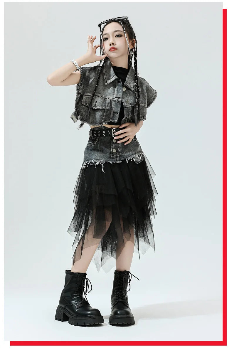 Girls Hip Hop Clothing Denim Sleeveless Jacket Vest Top Street Patchwork Mesh Skirt for Kids Jazz Dance Costume Clothes