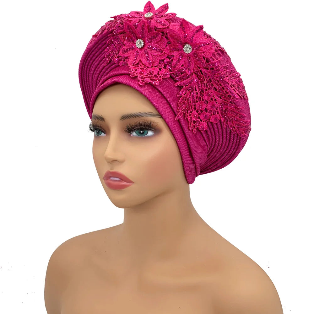Elegant African Autogele Women's Turban Cap Nigeria Wedding Gele Ready to Wear Headtie with Embroidery Lace Party Headwear