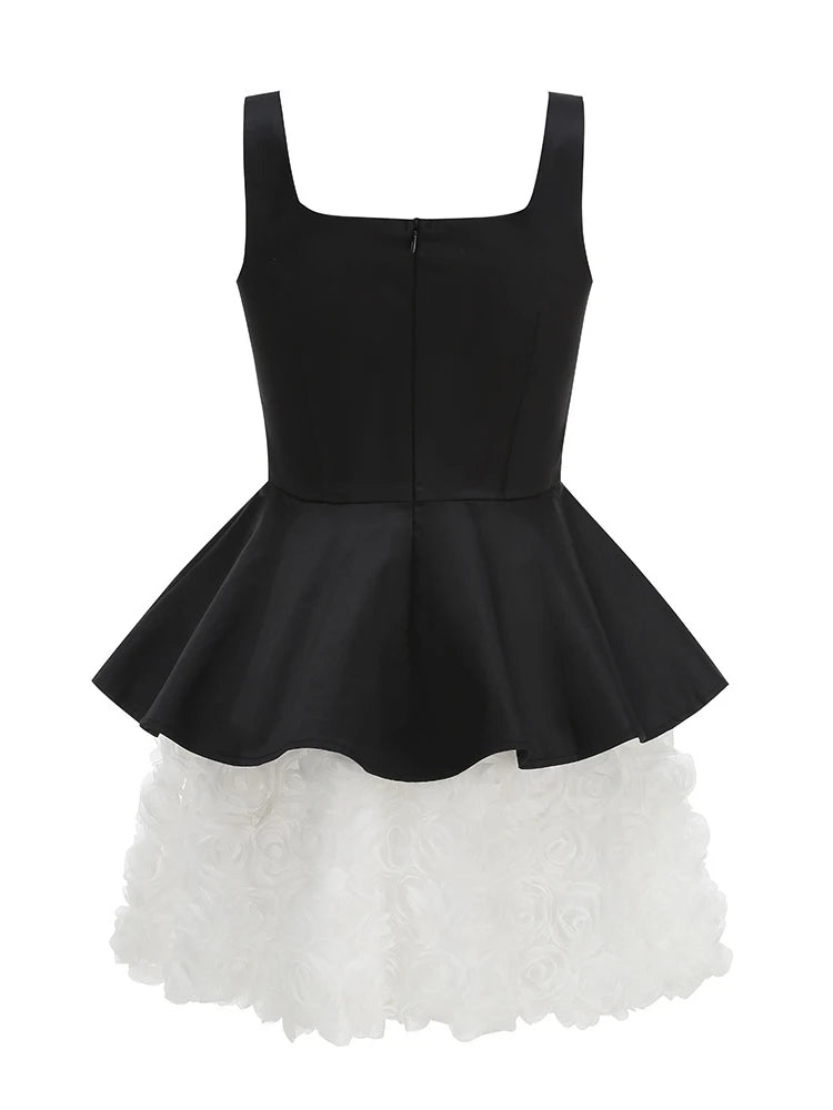 Women Floral Skirt Three Piece Sets Sexy Black Straps Top + Embroidered Sequins Bra + A-line Mini Skirts Suits Evening Cocktail