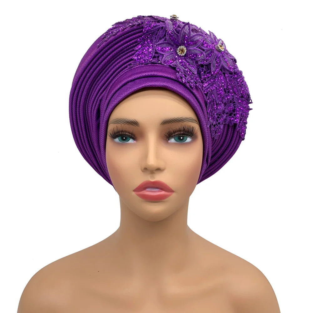 Elegant African Autogele Women's Turban Cap Nigeria Wedding Gele Ready to Wear Headtie with Embroidery Lace Party Headwear