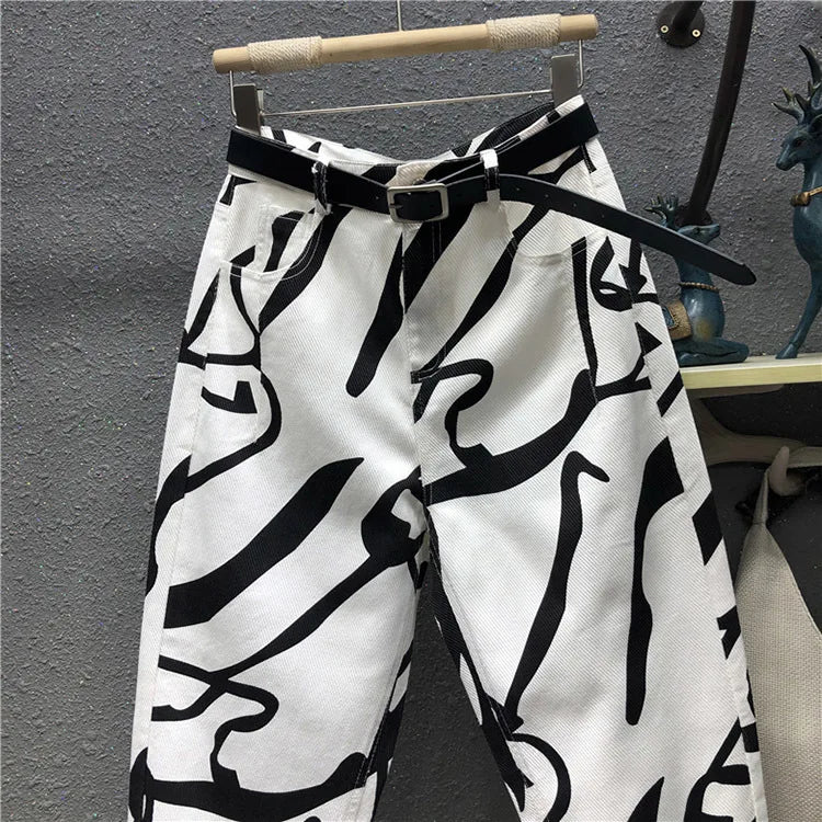 Jeans for women Streetwear Fashion Graffiti Print Jeans Pocket High Waist Washed Jeans Female 2024 Spring Loose Straight Pants