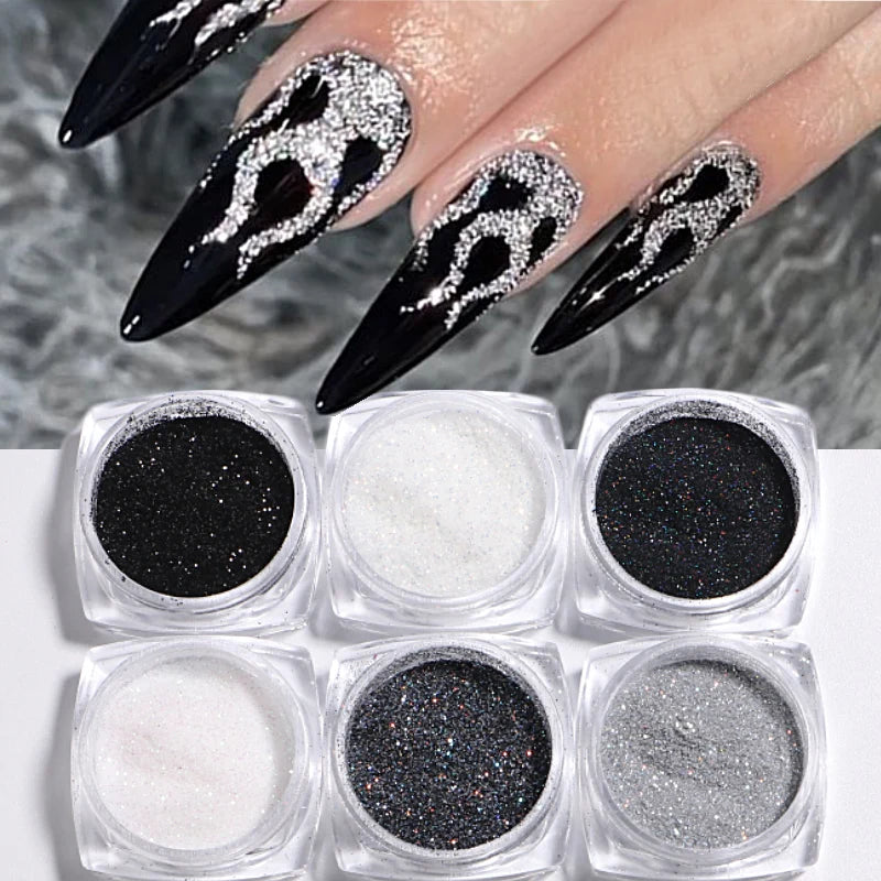 6pcs Nail Polish Glitter Fine Sand Holographic Glitter Powder Black White Reflective Pigment Flakes Powder Manicure Accessories