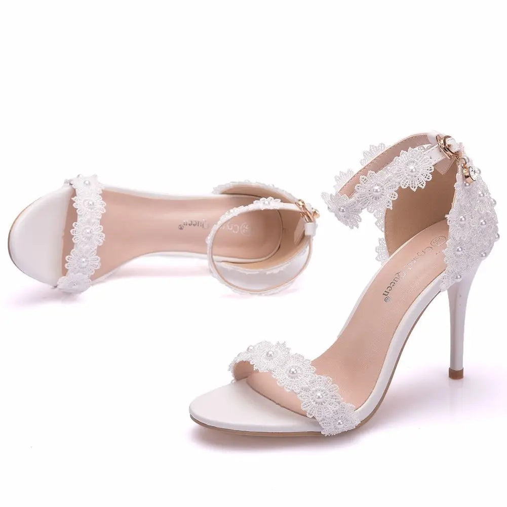 Women Shoes 9cm High Heel Sandals Summer Open toe Thin High Heels Luxury Lace Pearl Flower Wedding Shoes Bride Dress Pumps 34-43