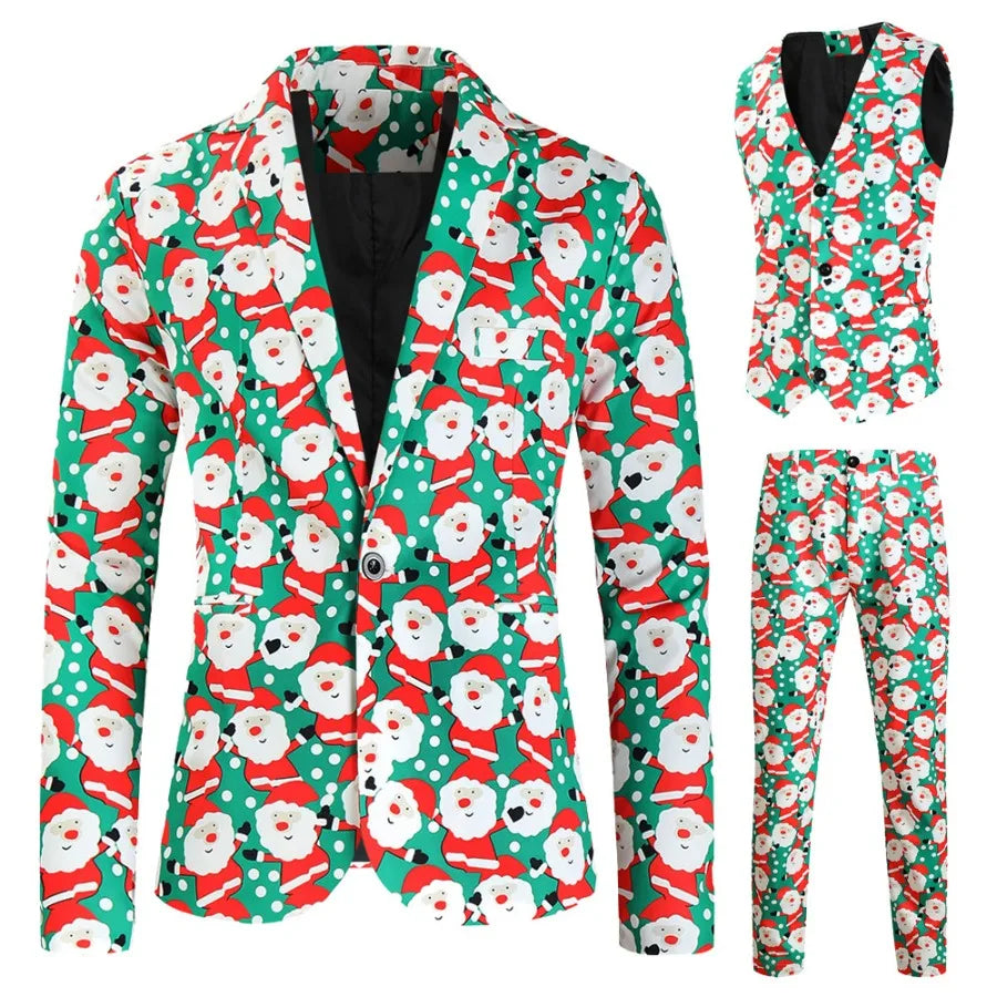 New Men's 3 Piece Christmas Sets Blazers+Vest+Pants 2026 Xmas Printed Men Suit Set Party Stage Dress Up Style Costume Streetwear