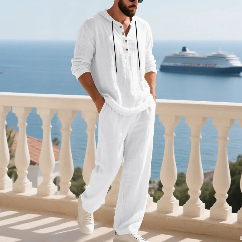 Men's Linen Hooded Sets 2 Piece Outfit Summer Casual Long Sleeve Hoodie and Wide Leg Pants Set for Men
