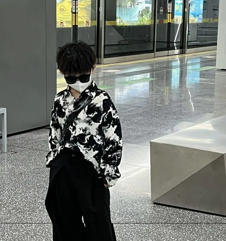 4-14Y Teenage Boy Shirt Outfit Fashion Kids Spring and Autumn Clothing New Korean Ink Painting Shirt and Wide-leg Suit Pants Set
