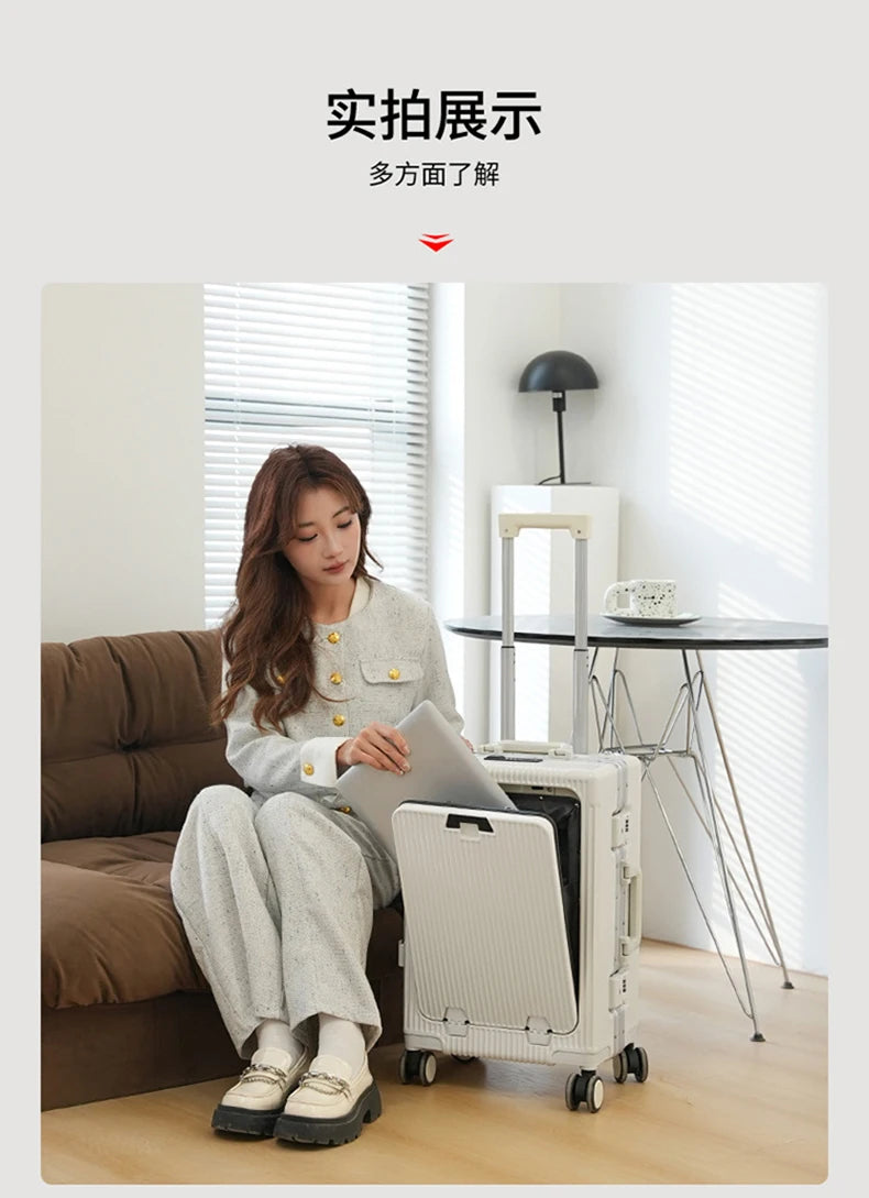 New Travel Luggage Multifunctional Aluminum Frame Trolley Suitcase with USB Cup Holder Large Capacity Bag Boarding Box Suitcase