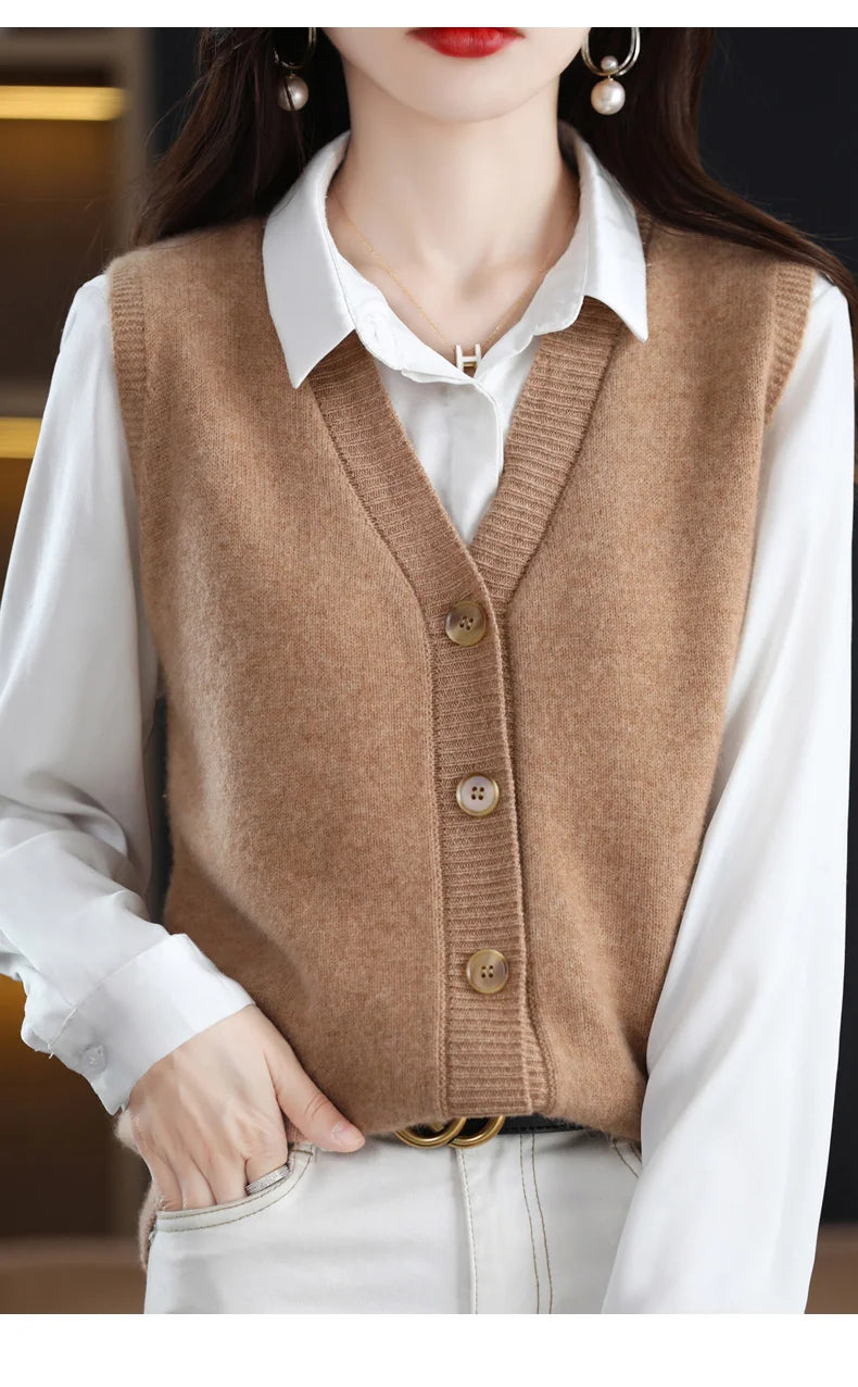 Girls Wear New Women's Loose High-End Waistcoat Knit Vest Wool V-Neck Solid Color Button Sleeveless Fashion Coat Cardigan Trend