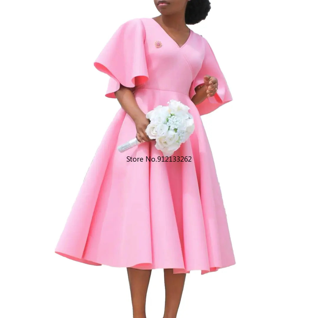 Summer Fashion African Women V-neck Polyester Short Flare Sleeve Red Black Pink Knee-length Dress African Dresses for Women