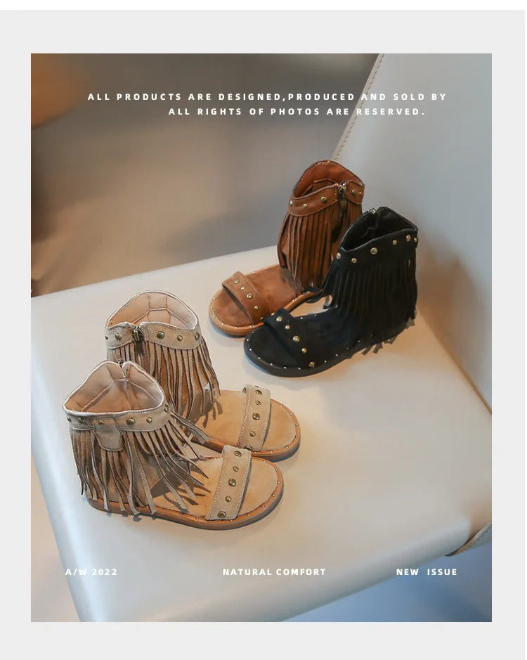 Sandals for Girl Summer New Fashion Strap Roman Sandals with Tassel Rivet Girl Shoes Personalized Kid Cool Boot Sandalias Mujer