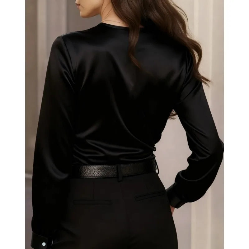 Fashion Blouses Women's New Black White French Style Simple V-neck Slim Folds Fit Versatile Commuting Shirts For Women Clothing