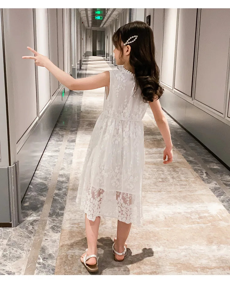 2026 summer Teenager kids Girls clothes floral mesh Princess white Dress lace off shoulder sleeveless 5 6 7 8 9 10 11 12 Years