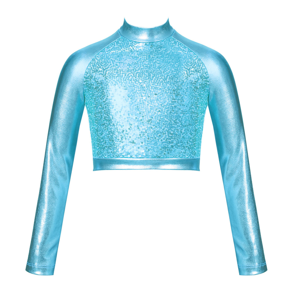 Kids Girls Shiny Metallic Crop Top Mock Neck Long Sleeve Front Sequin Fully Lined Athletic T-Shirts Jazz Hip-hop Dance Tops
