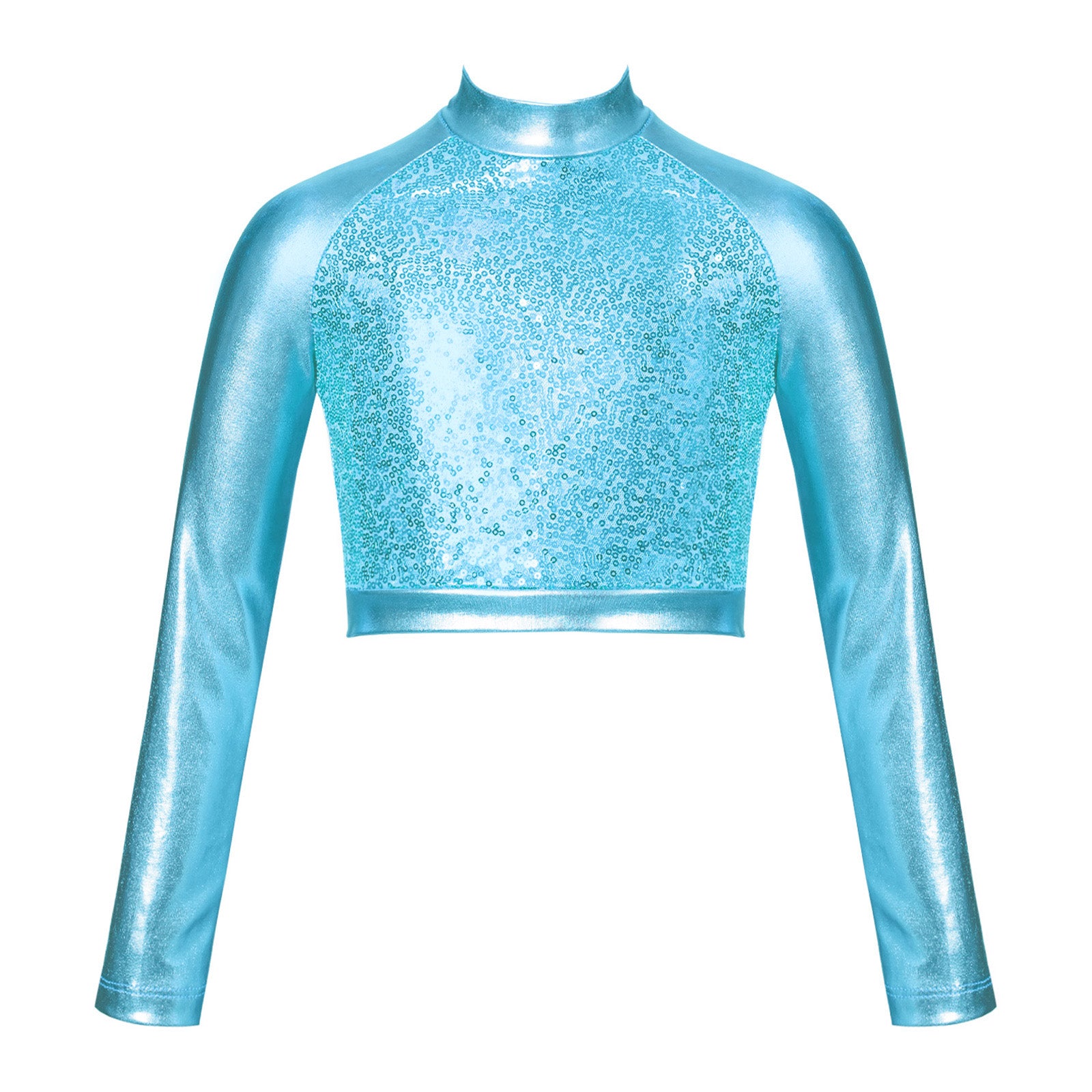 Kids Girls Shiny Metallic Crop Top Mock Neck Long Sleeve Front Sequin Fully Lined Athletic T-Shirts Jazz Hip-hop Dance Tops