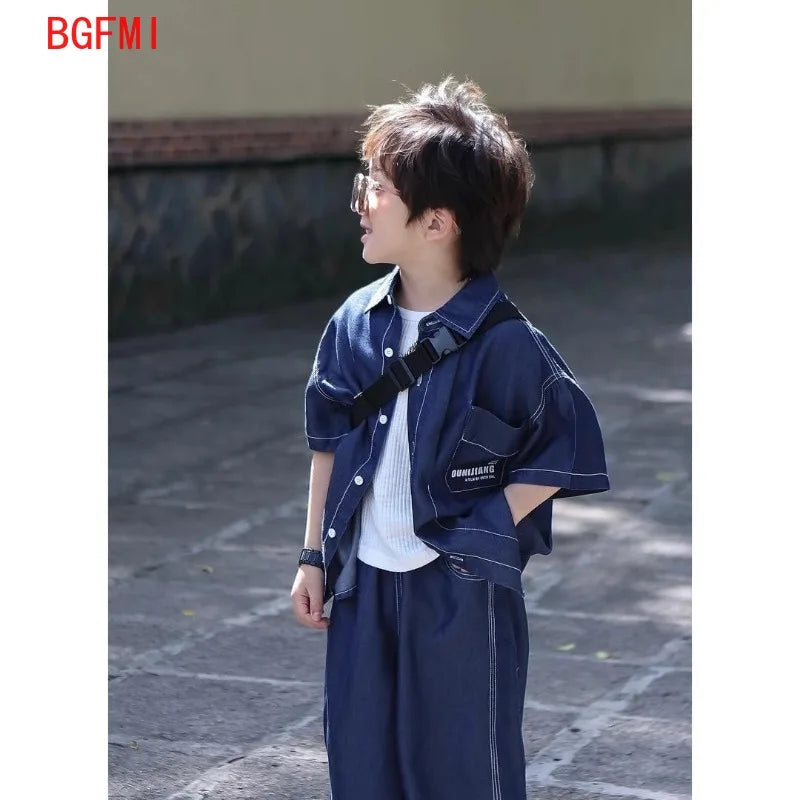 Teens Handsome Boy Short Sleeved Thin Denim Shirt and Pants 2pcs Set 2025 New Children's Summer Suit for Boys and Girls Outfits