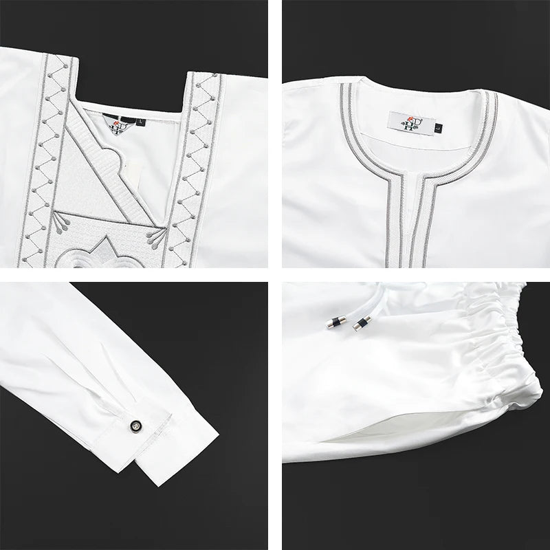 2025 New African Traditional Clothes For Kids Boy White Blue 3 PCS Set Long Sleeve Tops Embroidery Dashiki Robe Shirt Pant Child