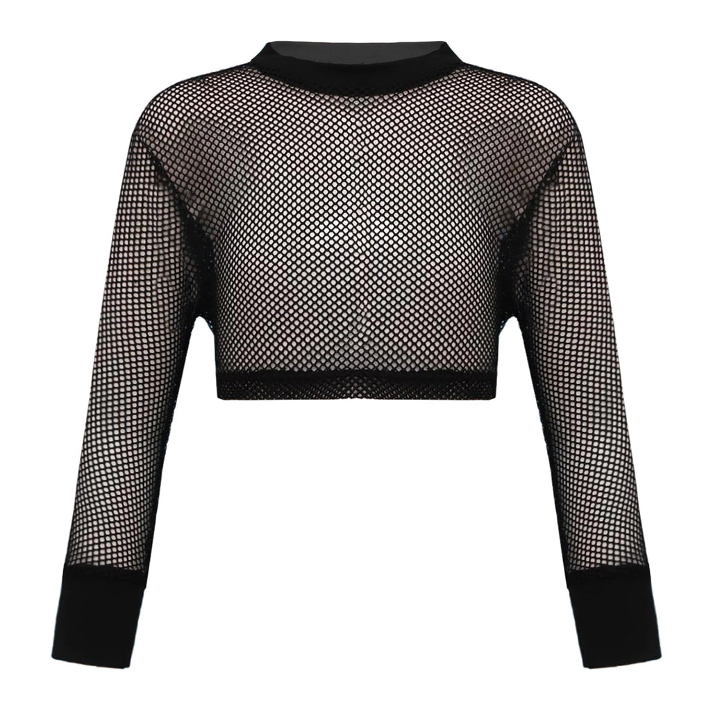 Kids Girls Fishnet T-shirt Hip Hop Street Dance Tops Long Sleeve Round Neck Hollow Out Mesh Crop Top for Workout Gym Sportswear