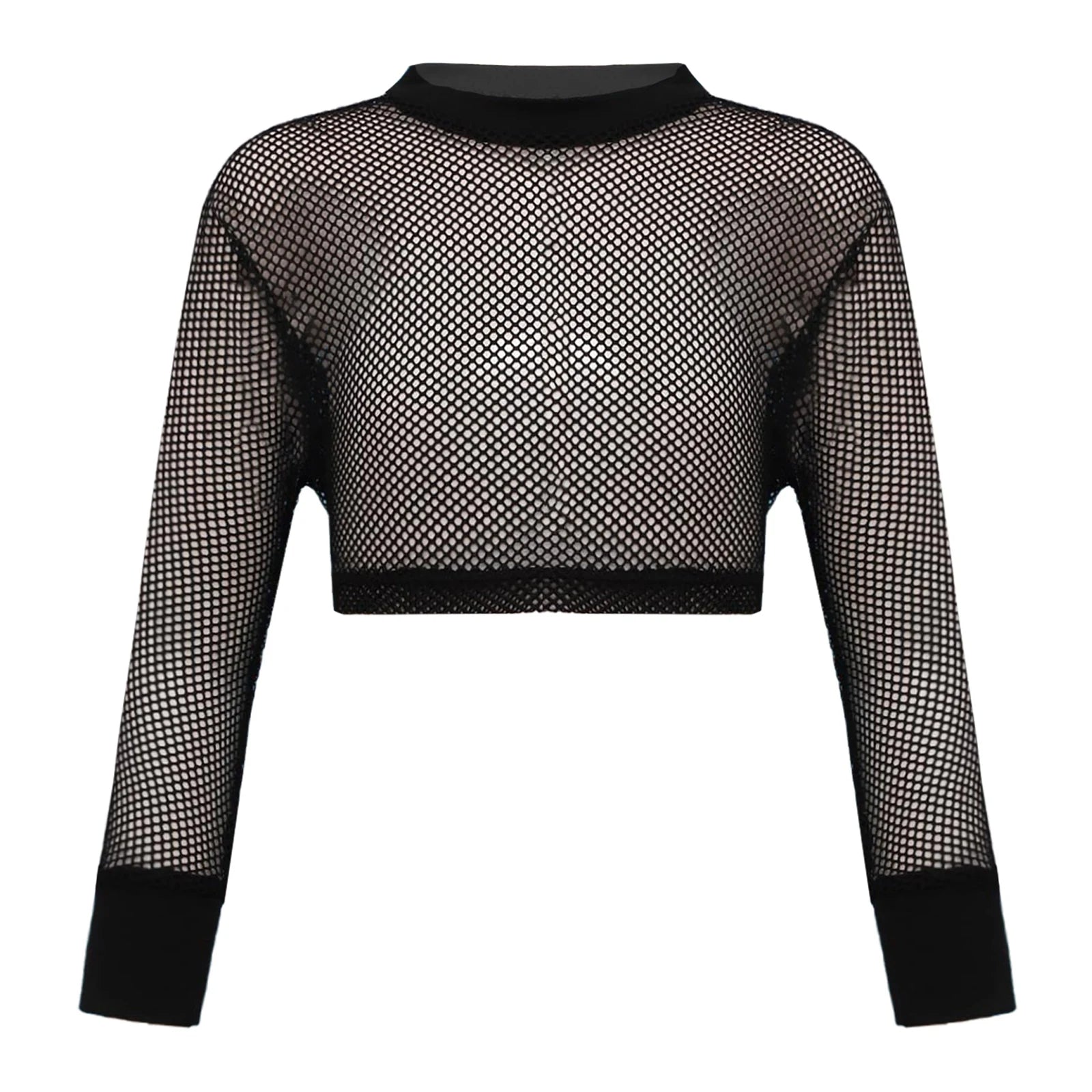Kids Girls Fishnet T-shirt Hip Hop Street Dance Tops Long Sleeve Round Neck Hollow Out Mesh Crop Top for Workout Gym Sportswear