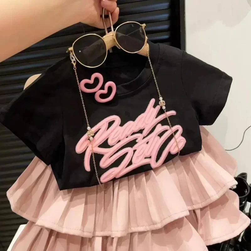 Girls Summer Clothes Girls Clothes 2 To 8 Years Cute Girls' 2-Piece Set with 3D New Letter Top and Ruffle Skirt for Summer