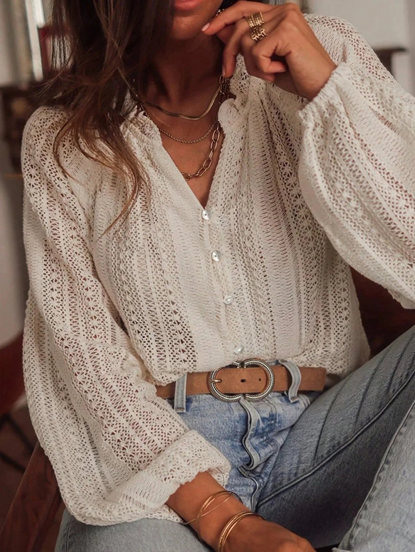 Women's Blouses Spring And Autumn New Loose Fashion Simple All-Match Hollow Lace V-neck Single Breaked Long Sleeve Women Shirts