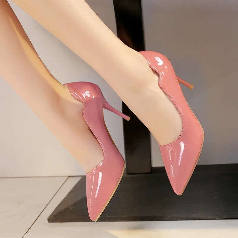 Nude High-Heeled Shoes for Women, Thin Heels, Pointed Toes, Small Size 30, 2024 New Style for Ladies, Elegant Spring and Autumn White Sexy Patent Leather Professional Black Women's Single Shoes, European and American Extra La