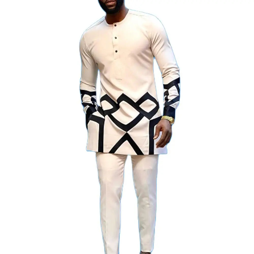 African Traditional Men Suit Printed Shirt Top Elastic Waist Pants White Wedding 2 Piece Set Outfits Ethnic Style Costumes