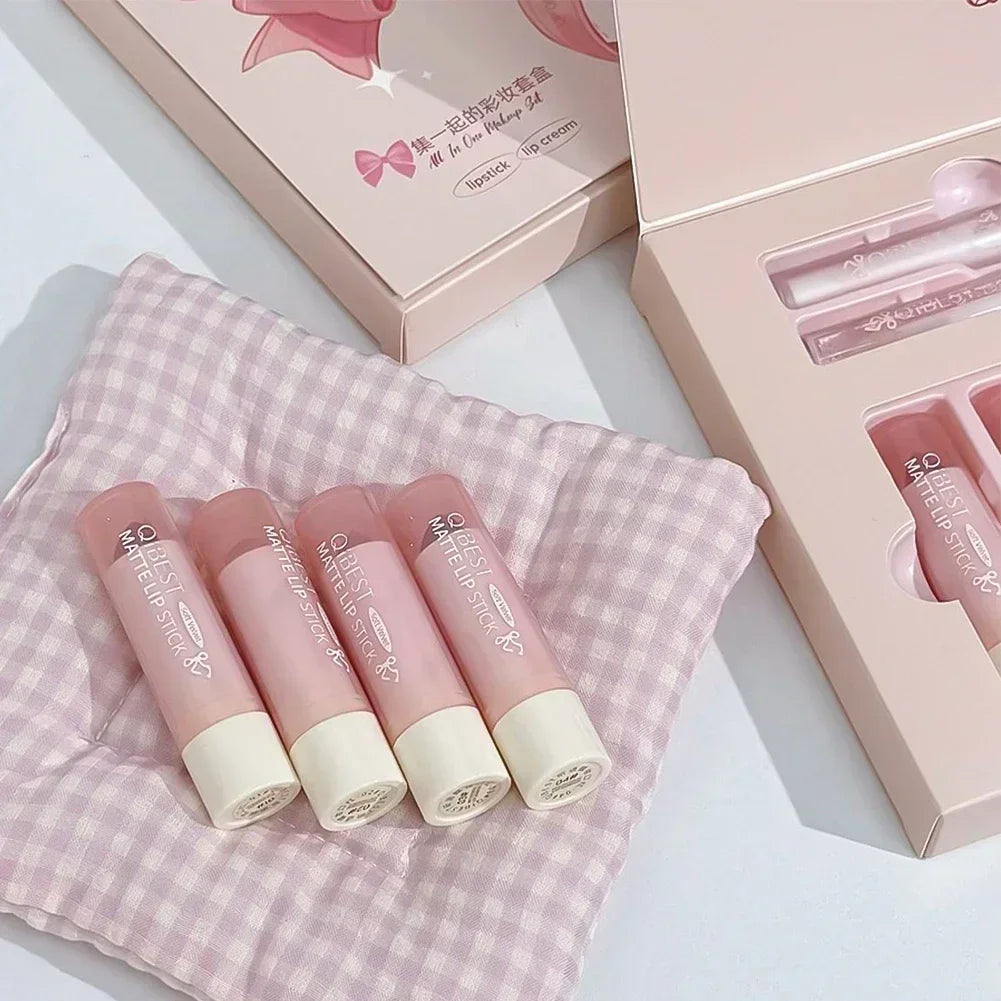 8Pcs Makeup Set Include 4pcs Velvet Nude Matte Liquid Lipstick And 1pc Face Blush Palette With Necklace Gift Cosmetics