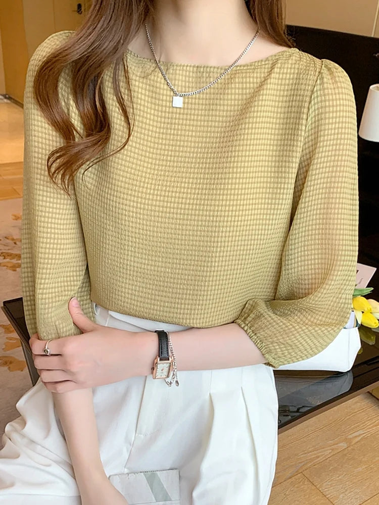 Blusas Para Mujer 2026 New Women Blouse Shirt O-Neck Black Chiffon Blouse Shirt Women Tops Blouses Shirts Blusas Camisas E474