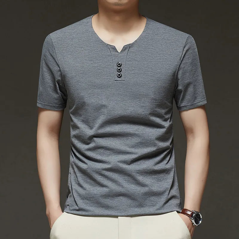 Three Button V-neck T-shirt Men 2026 New Men's Business Casual Short Sleeve Tshirt Korean Style Summer Comfortable Versatile Top