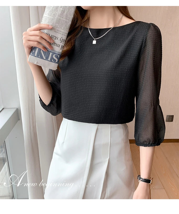Blusas Para Mujer 2026 New Women Blouse Shirt O-Neck Black Chiffon Blouse Shirt Women Tops Blouses Shirts Blusas Camisas E474