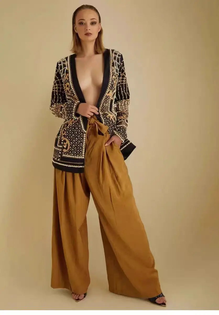 New Fashion Beaded V-neck Blazers for Women Streetwear Trendy High Quality Suit Jacket Coat Outerwear Female Clothing