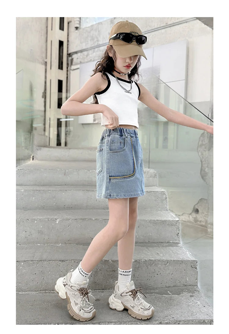 Korean Style Children Denim Mini Skirt with Inner Shorts For Girls Fashion Streetwear Summer Slim Fit Skirts with Pockets Front