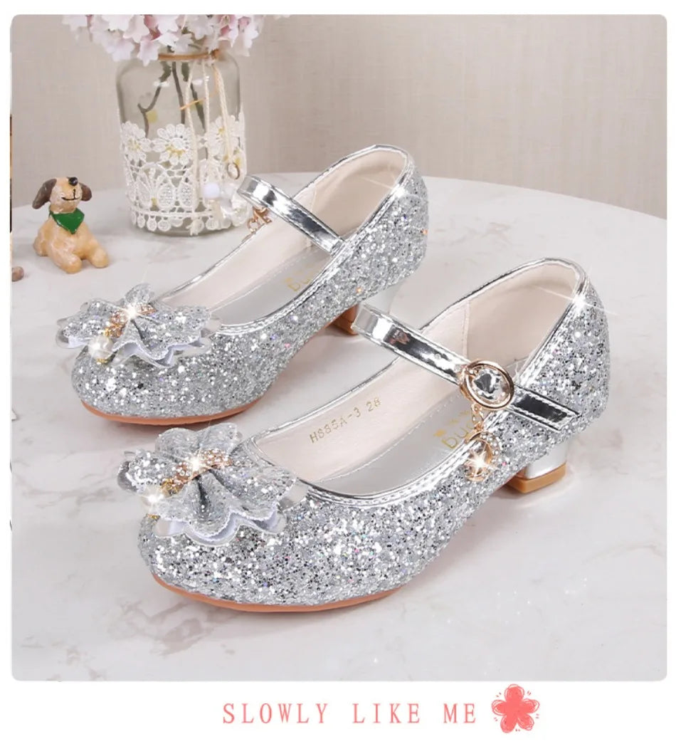 Classic Bow Girl Pu Leather Shoes For Girls Party Dance Children Shoes 3-14 Years Princess High Heels Child Wedding Shoes HSD09