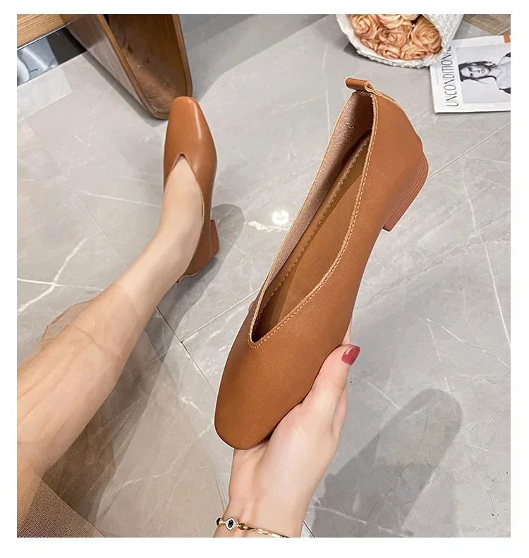Genuine Leather Multi-color Low-heeled women's Shoes  Round Toe Flat Bottom Shallow Cut Single Shoe Casual Versatile Loafers