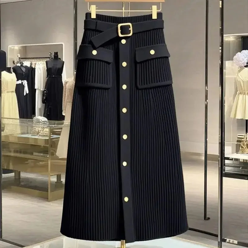 Elegant Office Lady High Waist Wrapped Knitted Skirts Autumn New Fashion Single Breasted Slim Temperam Wool Midi Skirt