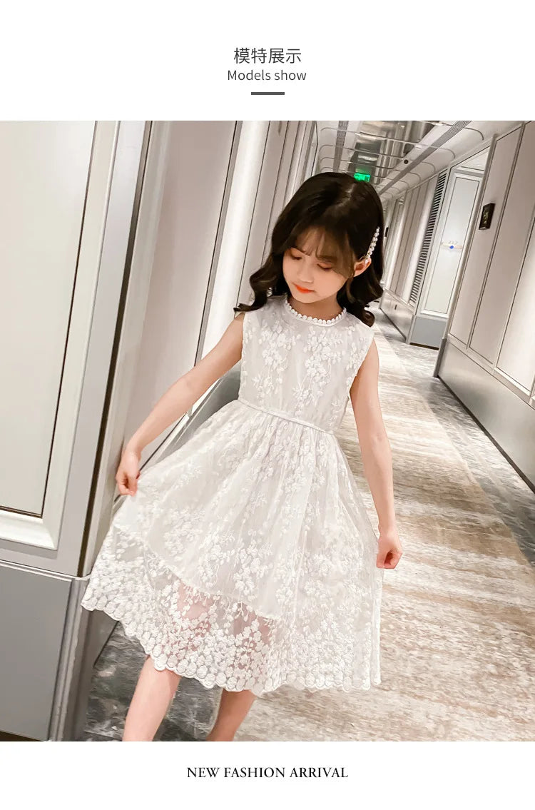 2026 summer Teenager kids Girls clothes floral mesh Princess white Dress lace off shoulder sleeveless 5 6 7 8 9 10 11 12 Years