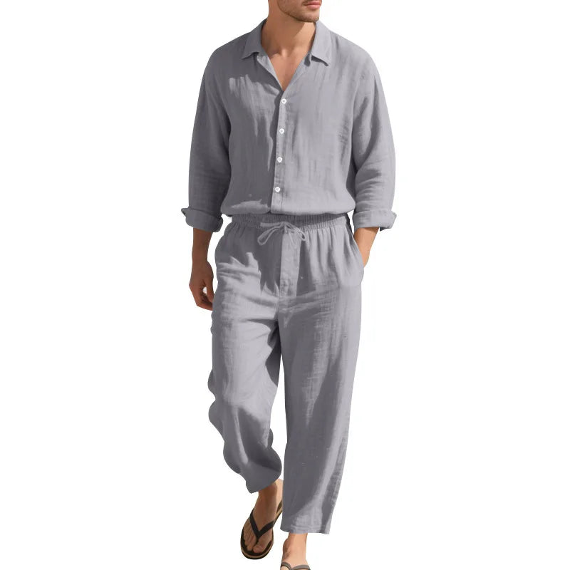 KIDWHXR Man 2-piece Outfit Spring Single-breasted Long Sleeve Shirts Male Drawstring Trousers Men Thin Cotton Linen Casual Set
