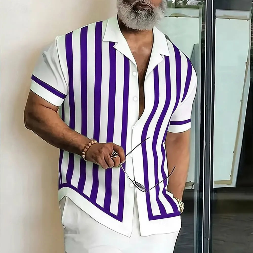 Men's Short Sleeve Button Up Shirt, Geometric Striped 3D Print Business Casual Style, Spring & Summer Vacation