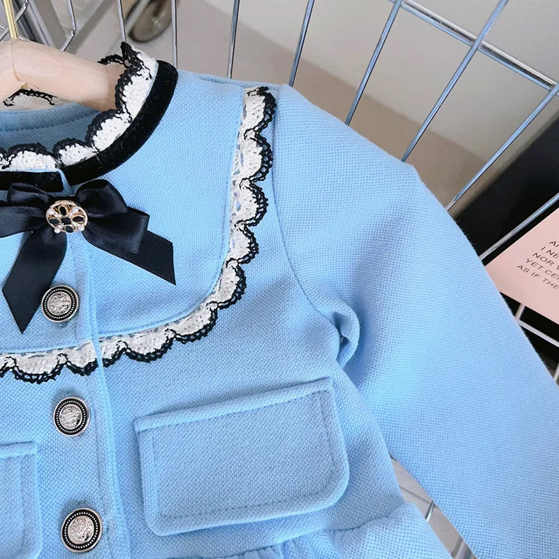 Girls Set 2024 Spring Autumn Girls Treasure Bow Two Piece Set Baby Coat Pants Blue Two Piece Set