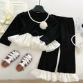 Girls 2 Piece Autumn 2025 New Long Sleeve Lace Solid Color Simple Fashionable Top Childrens Pants Baby Girl Set