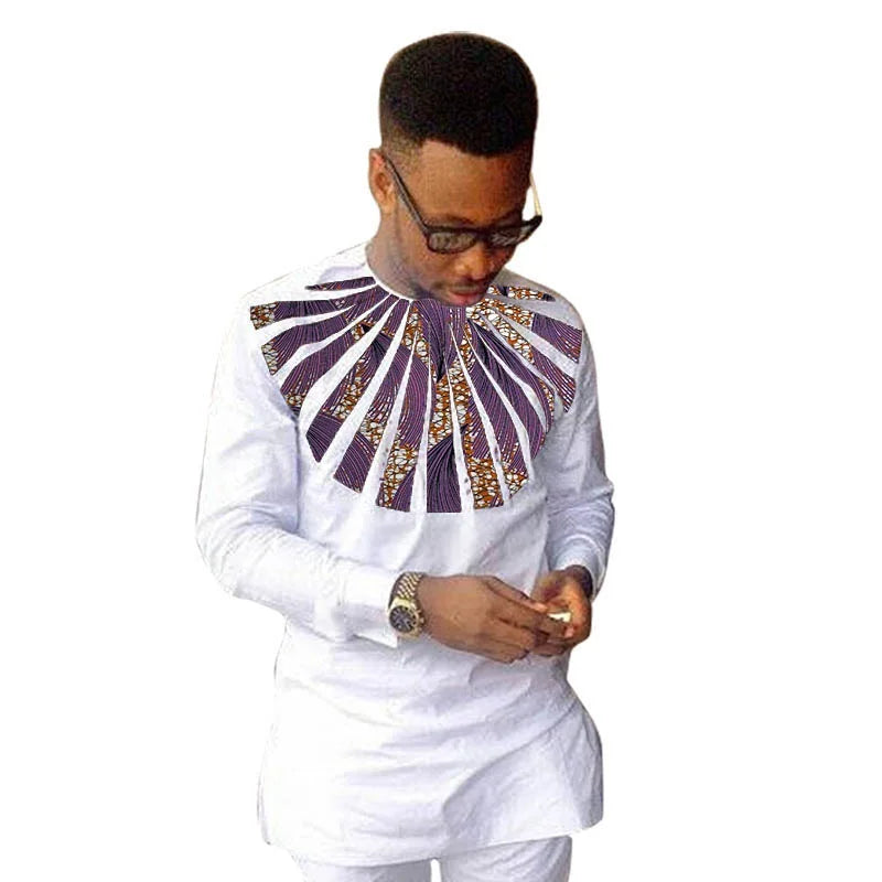 Nigerian Fashion White Men's Shirts O-Neck Modern Design Sector Patchwork Tops Customized African Wedding Party Wear