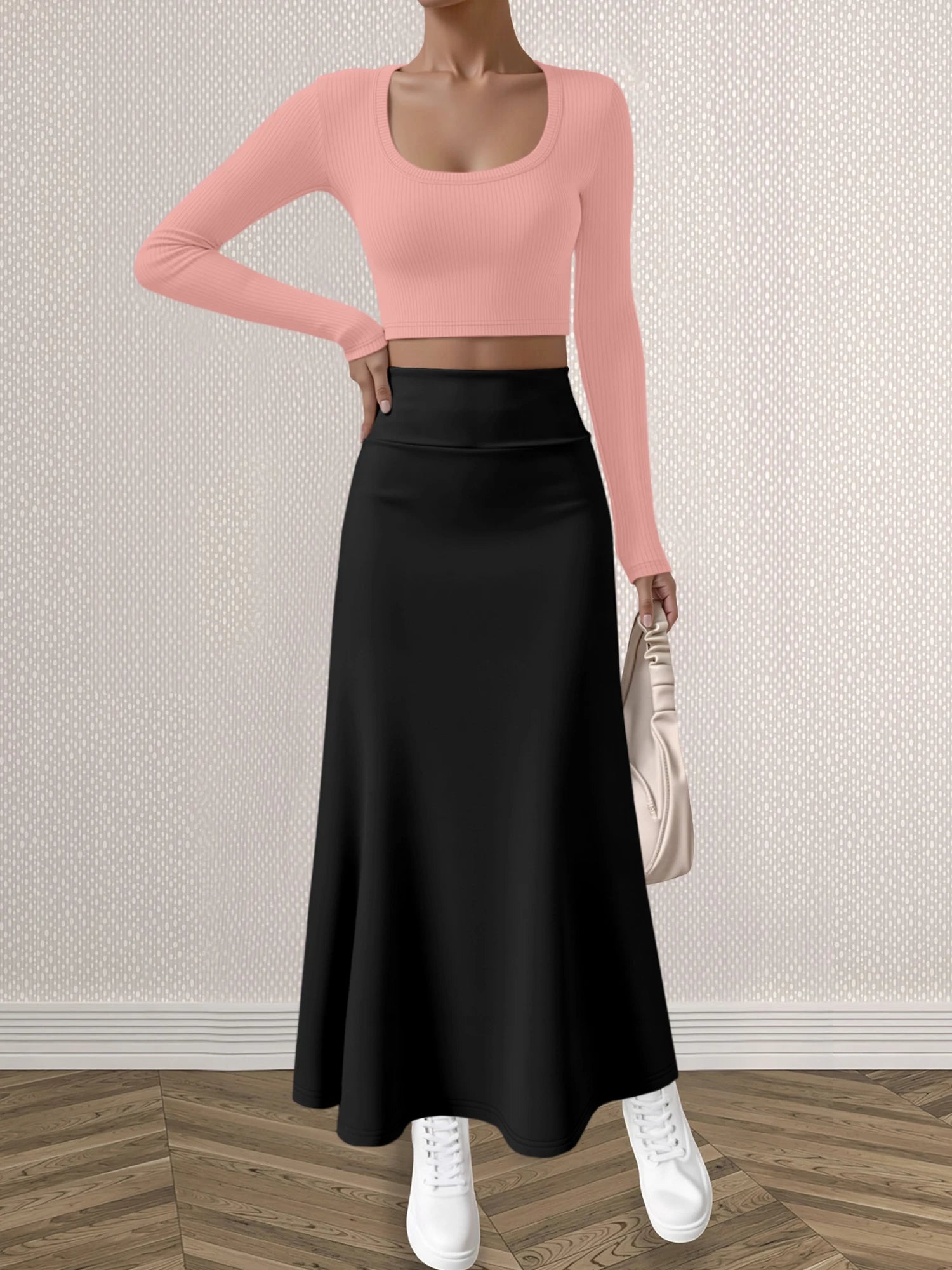 Mature Style Women 2Pcs Outfit, Ribbed Square Neck Crop Top + High Waist Draped A-Line Maxi Skirt